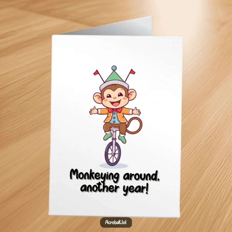 Funny Free Printable Birthday Card: A happy circus monkey hilariously balancing on a tiny unicycle, ready to bring laughs.