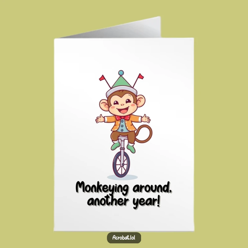 Free Printable Birthday Card: Funny Monkey Unicycling, Hilarious Downloadable Gift for Him or Her