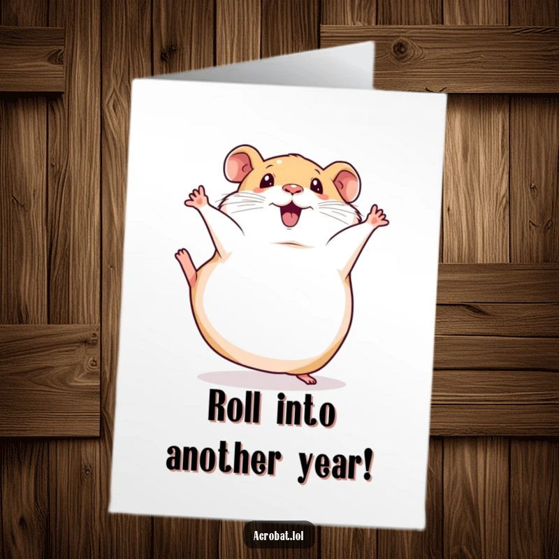 Funny Free Printable Birthday Card: Squishy hamster doing a comical somersault legs up, ready to party.