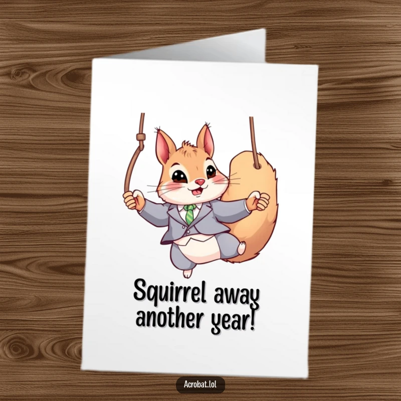 Funny Free Printable Birthday Card: A playful squirrel in a sleek suit performing an impressive swing on gymnastic rings.