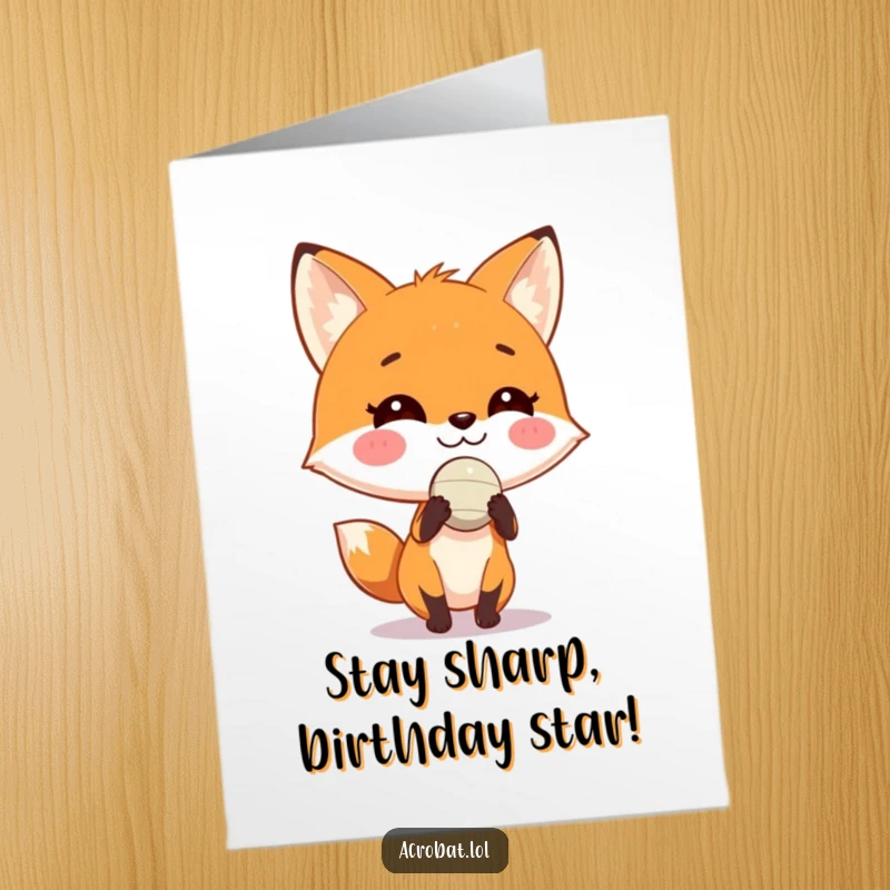 Funny Free Printable Birthday Card: A playful fox grinning while balancing a small ball on its nose.