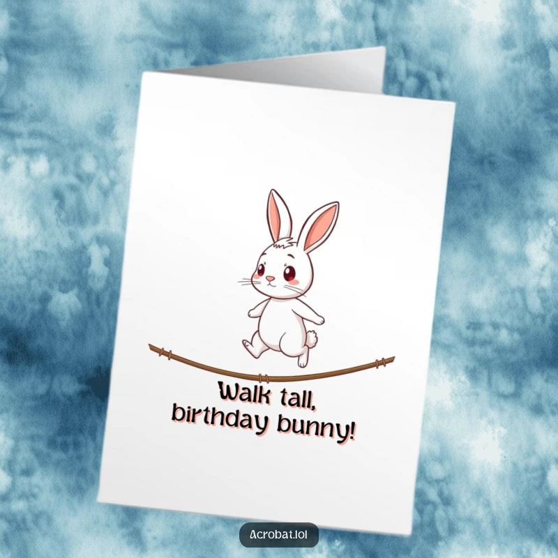 Funny Free Printable Birthday Card: A curious rabbit intently walks a tightrope with a determined expression.