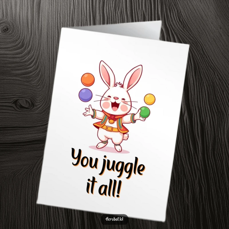 Funny Free Printable Congratulations Card: A cheerful rabbit in acrobatic gear juggling a rainbow of colorful balls.
