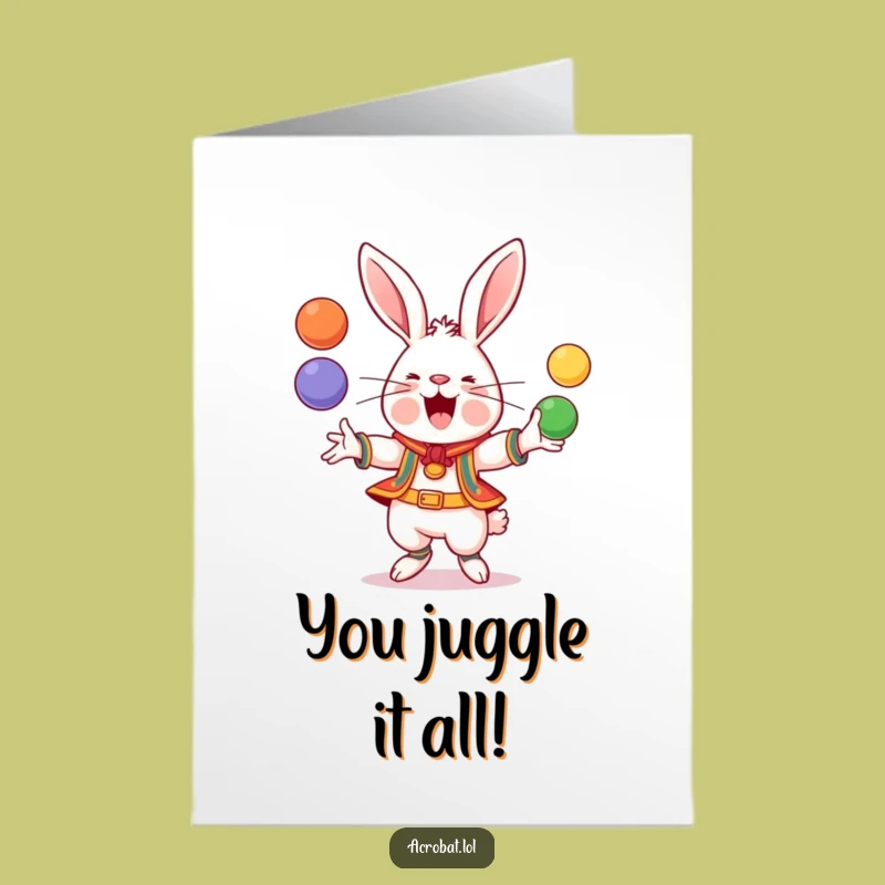 Free Printable Congrats Card: Rabbit's Juggling Act, Whimsical Downloadable Achievement Greeting