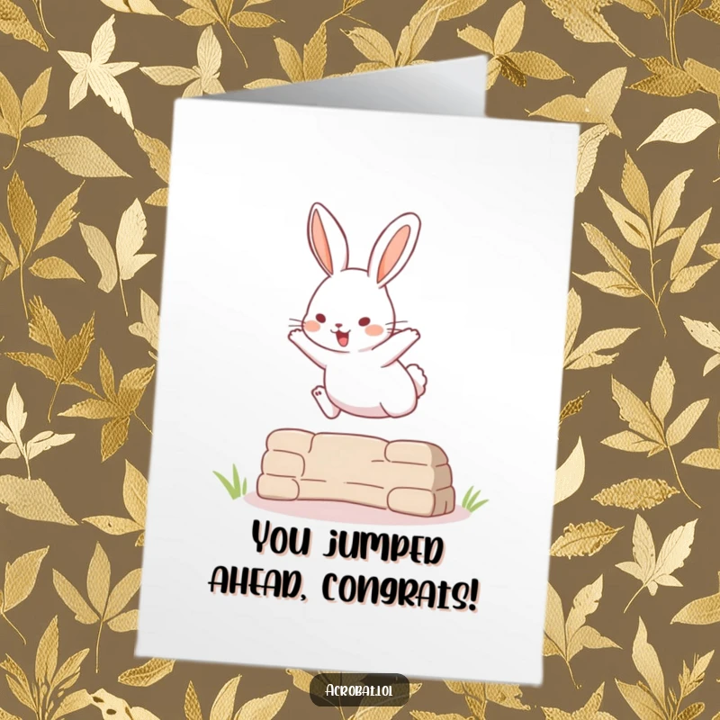 Funny Free Printable Congrats Card: Playful rabbit performing an impressive, surprisingly high jump over a small obstacle.