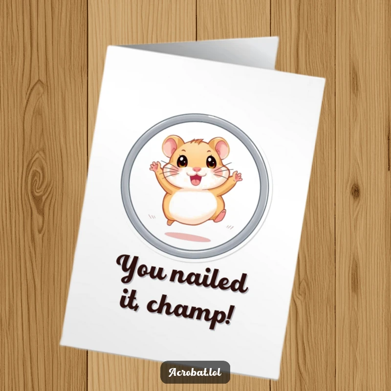 Funny Free Printable Congratulations Card: Energetic hamster triumphantly leaps through a hoop, celebrating success.