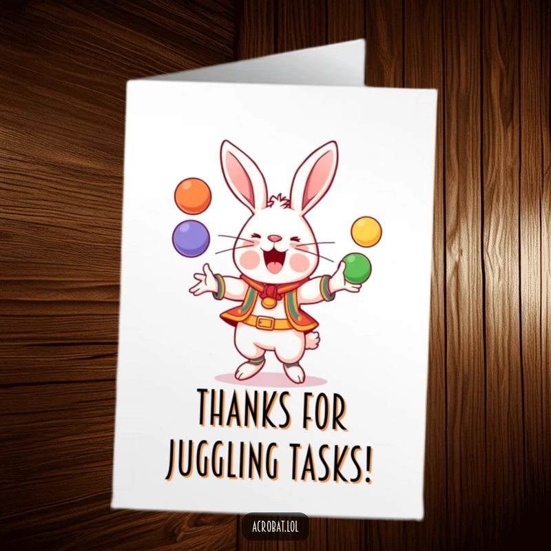 Funny Free Printable Thank You Card: A cheerful rabbit dressed for acrobatics, juggling several colorful balls with ease.
