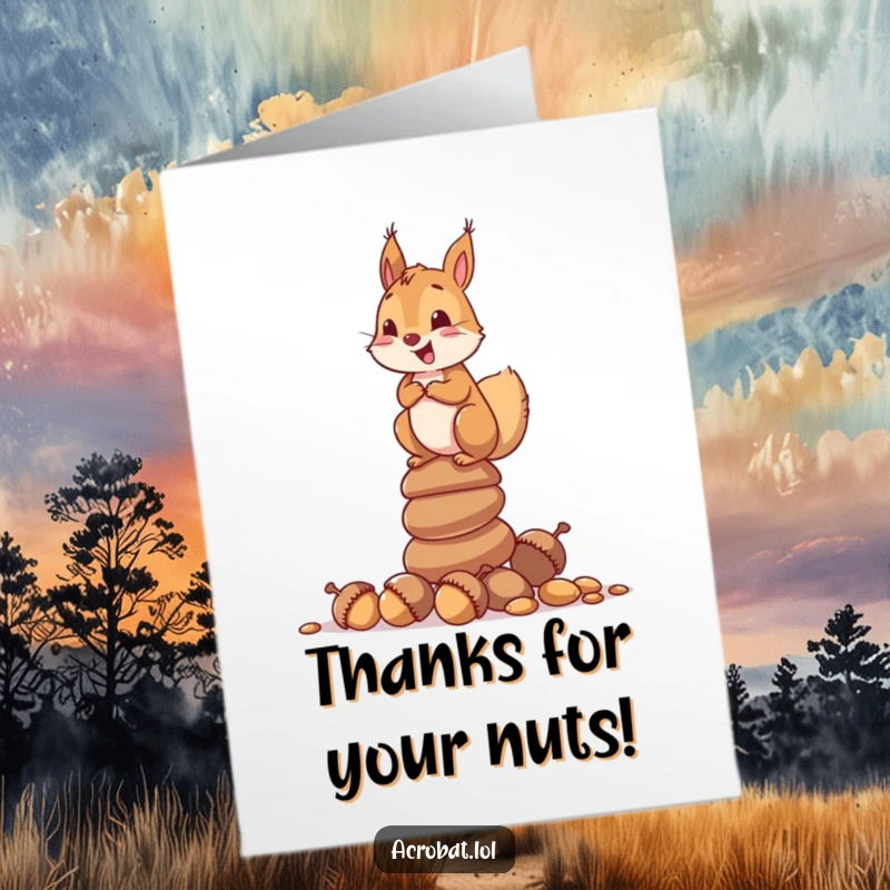 Funny Free Printable Thank You Card: Curious squirrel balancing on a stack of acorns, happily surveying its collection.