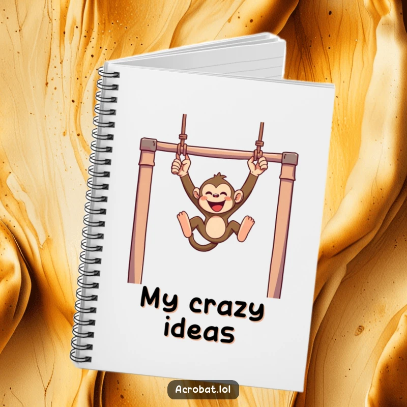 Funny monkey notebook with a mischievous monkey swinging with joyful abandon from trapeze bars, perfect for humorous and playful note-taking.