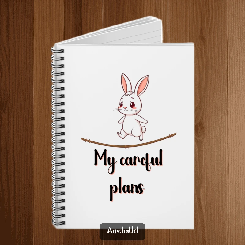 Funny rabbit notebook with a curious rabbit with a determined expression walking a tightrope, perfect for humorous and focused note-taking.