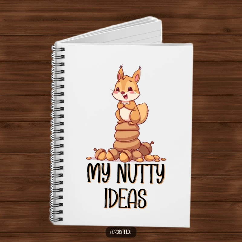 Funny notebook with a curious squirrel delightedly balancing on a stack of acorns, inspiring creativity and organization.