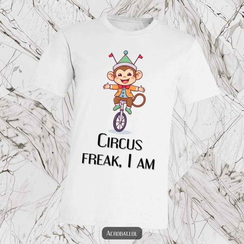 Funny Monkey T-Shirt: A cheerful circus monkey in a bright outfit confidently balances on a miniature unicycle, full of energy.