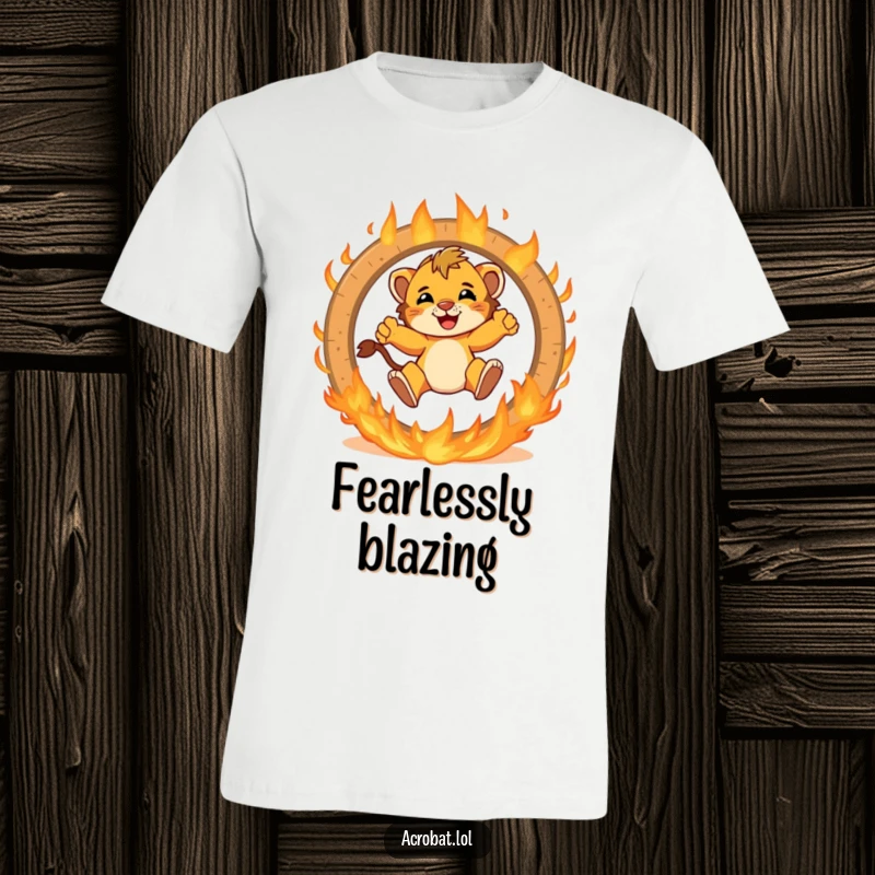 Funny lion cub t-shirt featuring a brave cub jumping with excitement through a flaming ring, a humorous and adventurous graphic.