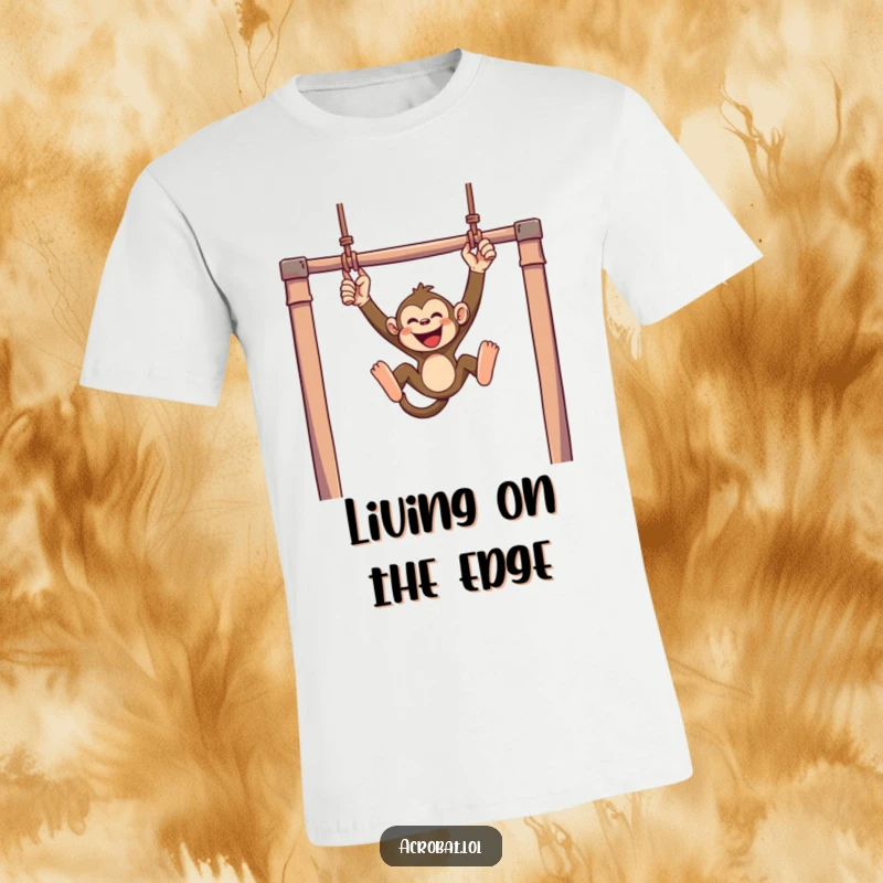 Funny monkey t-shirt featuring a mischievous monkey swinging with joyful abandon from trapeze bars, a humorous and energetic graphic.