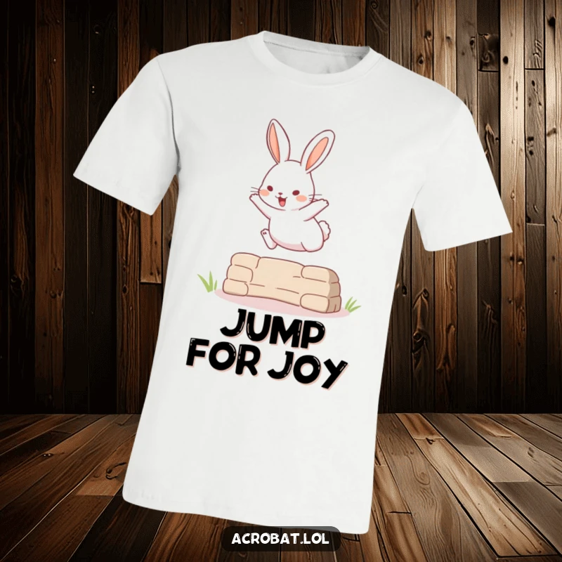 Funny t-shirt with a playful rabbit executing a surprisingly high jump over a small obstacle, celebrating athletic fun.