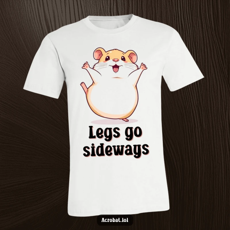 Funny t-shirt featuring a squishy hamster in a comical somersault, legs up, a celebration of adorable pet antics.