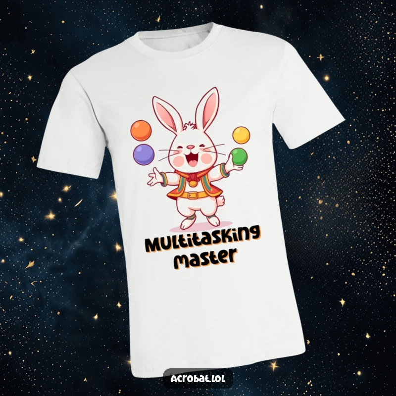 Funny Rabbit T-Shirt: A cheerful rabbit dressed in acrobatic gear is actively juggling brightly colored balls with a smile.