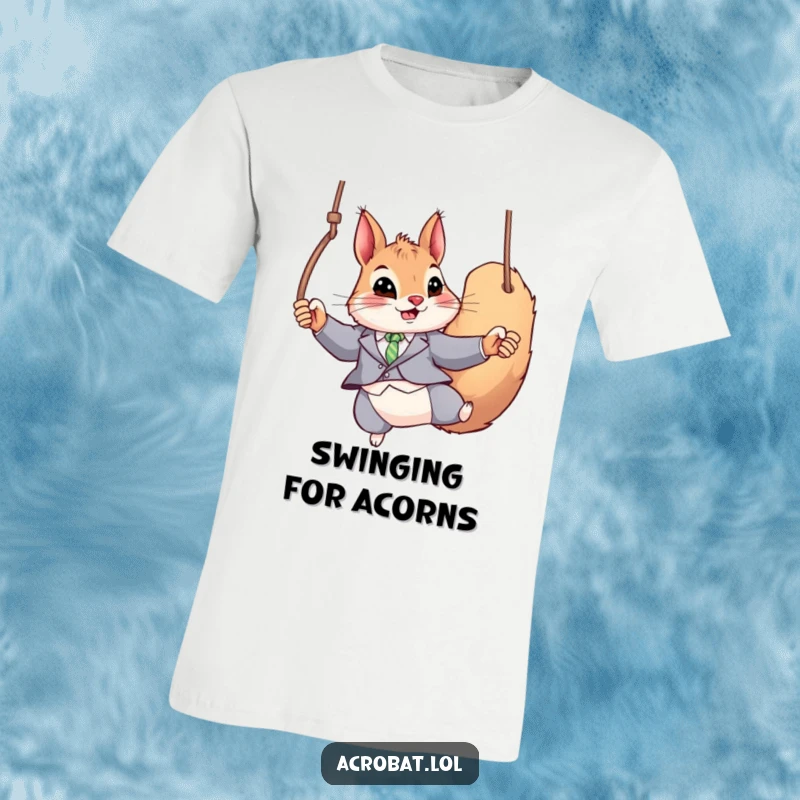 Funny Squirrel T-Shirt: A playful squirrel wearing a fitted suit performs a gymnastic move, swinging on a pair of rings.