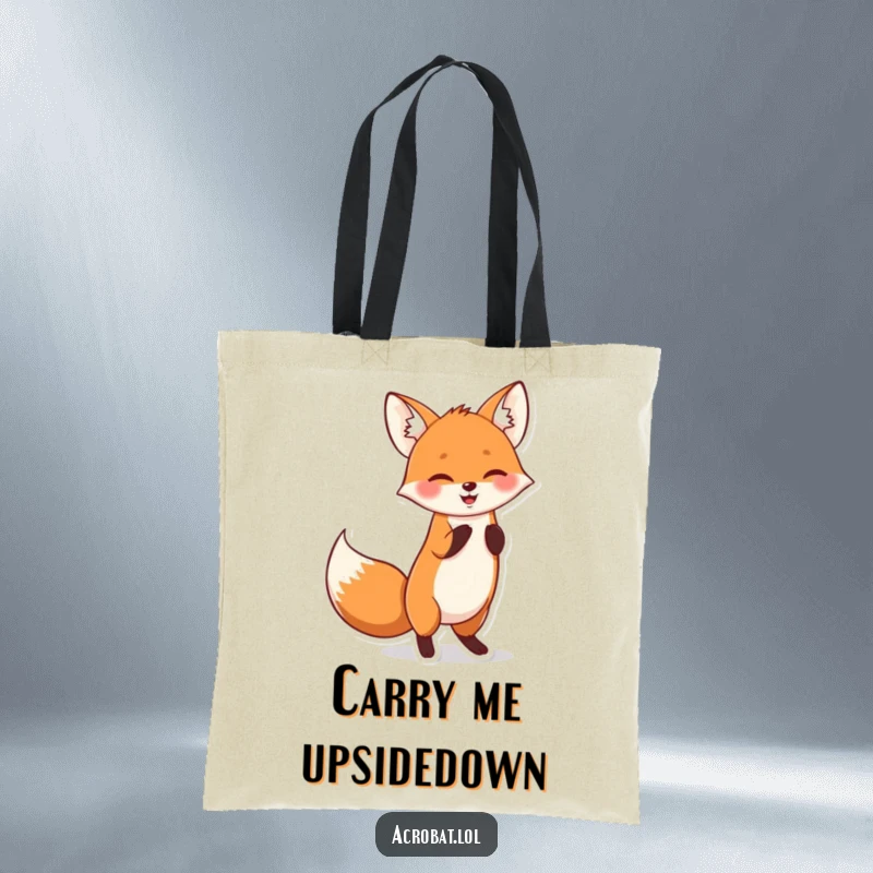 Funny tote bag featuring a cheerful fox doing a playful handstand with its tail wagging, a joyful woodland scene.