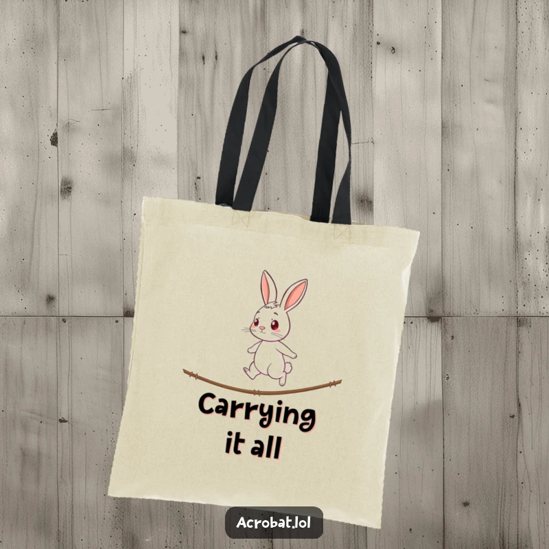 Funny rabbit tote bag featuring a curious rabbit with a determined expression walking a tightrope, a humorous and practical companion.