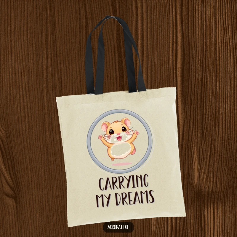 Funny hamster tote bag with an energetic hamster mid-air, leaping through a hoop with wide eyes, a delightful and humorous accessory.