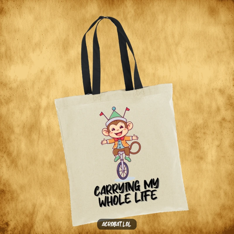 Funny Monkey Tote Bag: A cheerful circus monkey on a unicycle, ready for adventure, making this bag a hilarious statement piece.