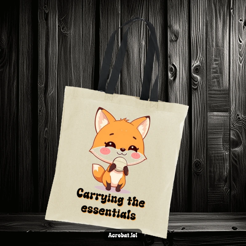 Funny fox tote bag featuring a playful fox with a grin balancing a small ball on its nose, a humorous and practical carry-all.