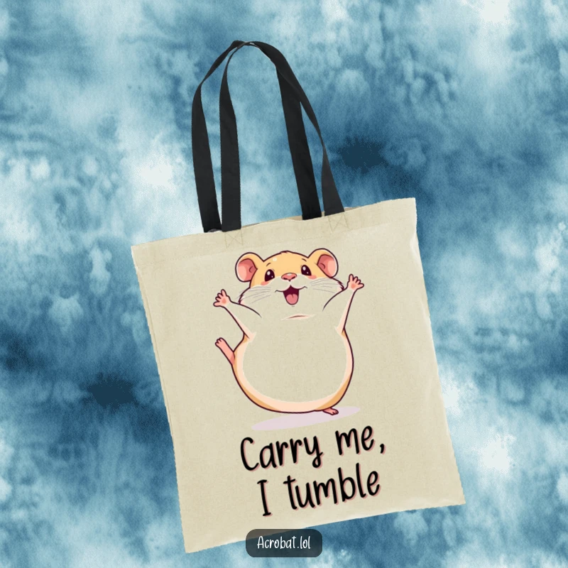 Funny tote bag showcasing a cute, squishy hamster doing a comical somersault with its legs playfully in the air.