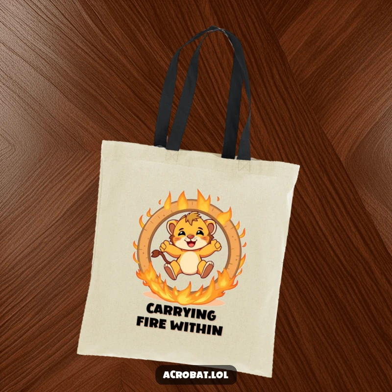 Funny lion cub tote bag featuring a brave cub jumping with excitement through a flaming ring, a humorous and practical carry-all.