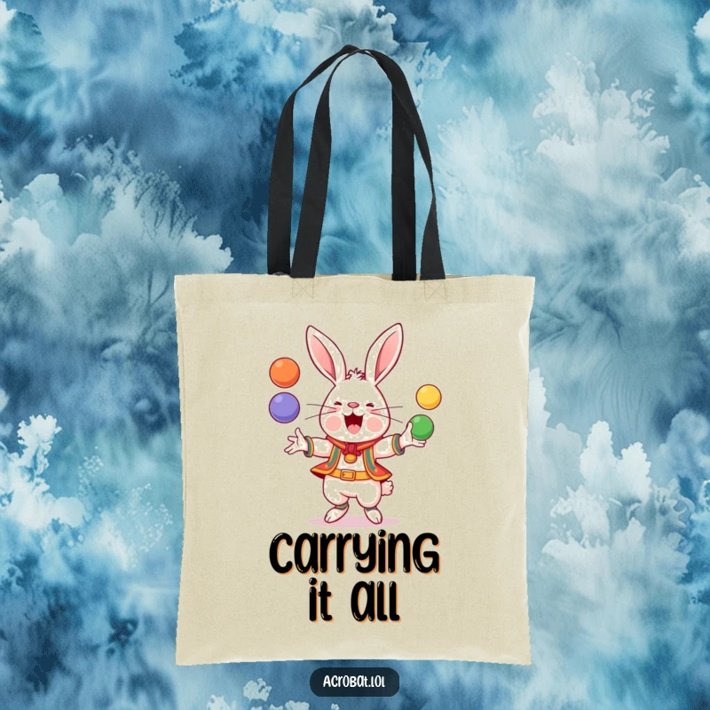 Funny Rabbit Tote Bag: A happy rabbit in acrobatic gear juggles multiple colorful balls, making this bag a practical and humorous accessory.