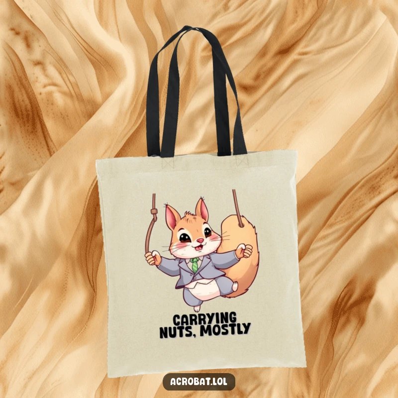 Funny Squirrel Tote Bag: A playful squirrel in a tight suit swings on rings, making this bag a practical and humorous accessory.